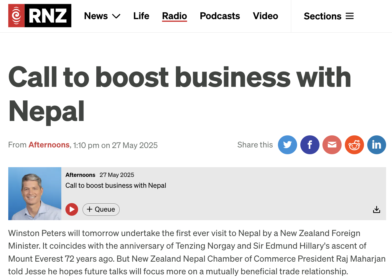 NZNCC President Live on RNZ with Jesse Mulligan: Call to boost business with Nepal
